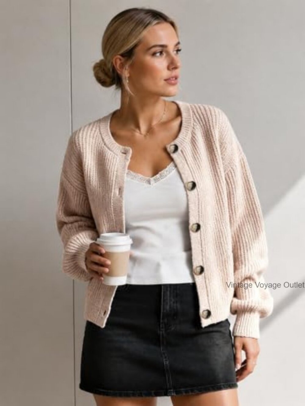 Chunky Knit Button Cardigan Cropped Loose Fit Sweater - Picture 3 of 6